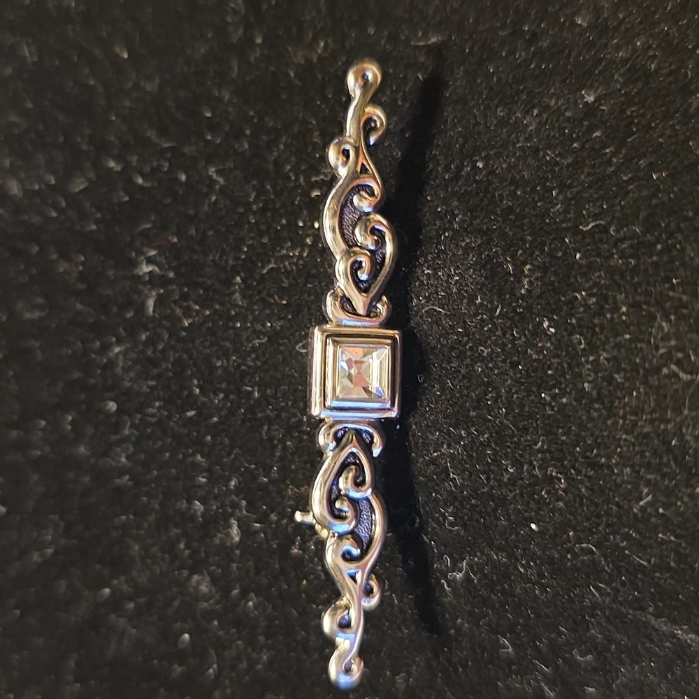 Vintage Silvertone Bar Pin With Center Crystal 2 Inches Wide